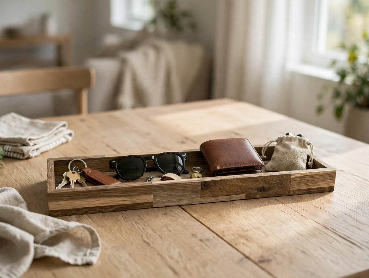 Holz Tablett mit Schlüsseln Sonnenbrille Portemonnaie und kleinem Beutel als Aufbewahrung auf einem Holztisch