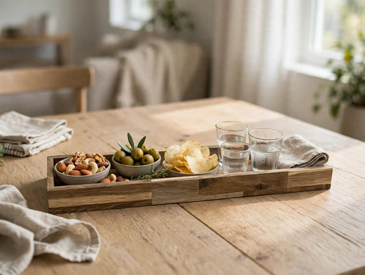 Holz Tablett mit Schalen voller Nüsse Oliven und Chips sowie Wassergläsern auf einem hellen Holztisch
