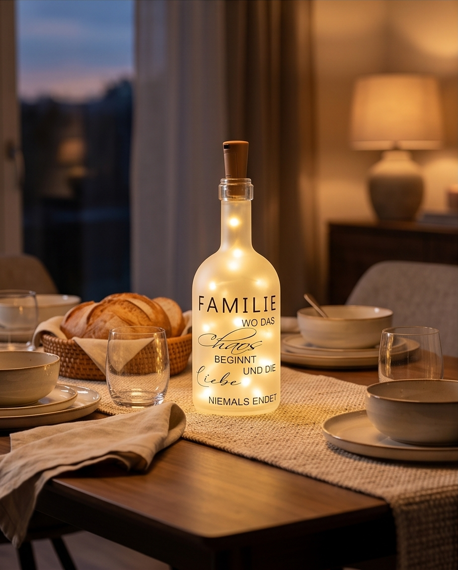 LED Flaschenlicht Familie wo das Chaos beginnt und die Liebe niemals endet auf gedecktem Esstisch am Abend