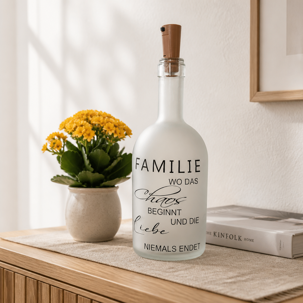LED Flaschenlicht Familie wo das Chaos beginnt und die Liebe niemals endet auf Kommode neben Vase mit gelben Blumen