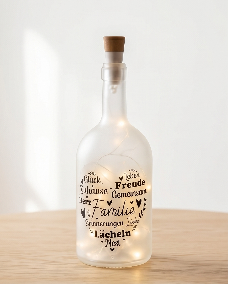 Leuchtende LED-Flasche mit den Worten Familie Glück Liebe und Freude auf einem hellen Holztisch