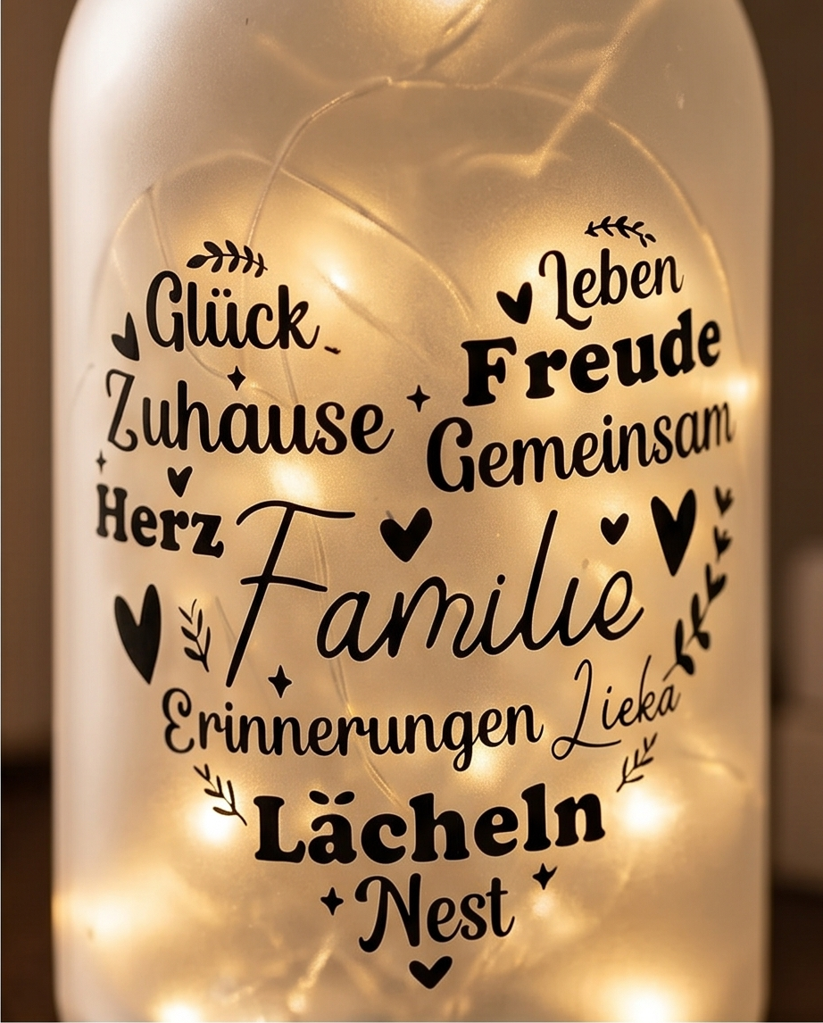 Nahaufnahme der leuchtenden Flasche mit Schriftzug Familie Glück Zuhause Herz Erinnerungen Lächeln