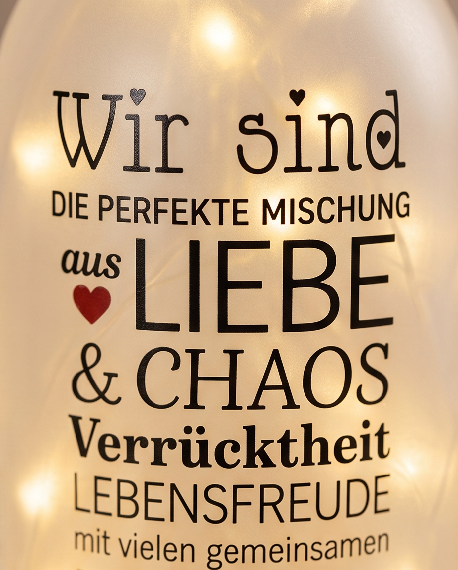 Detailaufnahme Spruch Wir sind die perfekte Mischung aus Liebe und Chaos Verrücktheit Lebensfreude auf satinierter LED Flasche