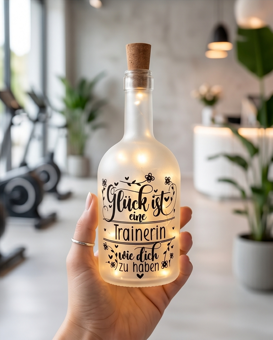 Hand hält eine leuchtende LED-Flasche mit dem Spruch "Glück ist eine Trainerin wie dich zu haben" in einem hellen Raum