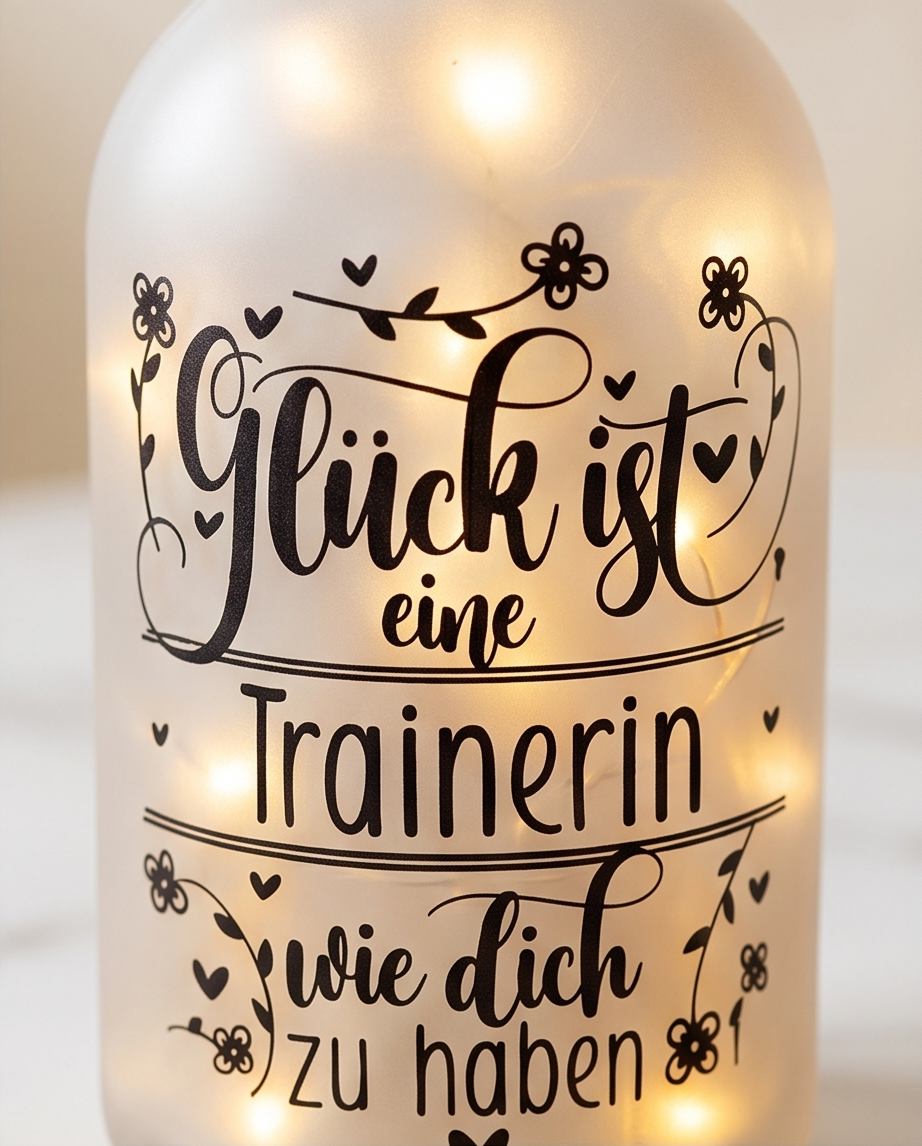 Nahaufnahme einer leuchtenden LED-Flasche mit dem Spruch "Glück ist eine Trainerin wie dich zu haben", verziert mit Blumen- und Herzranken