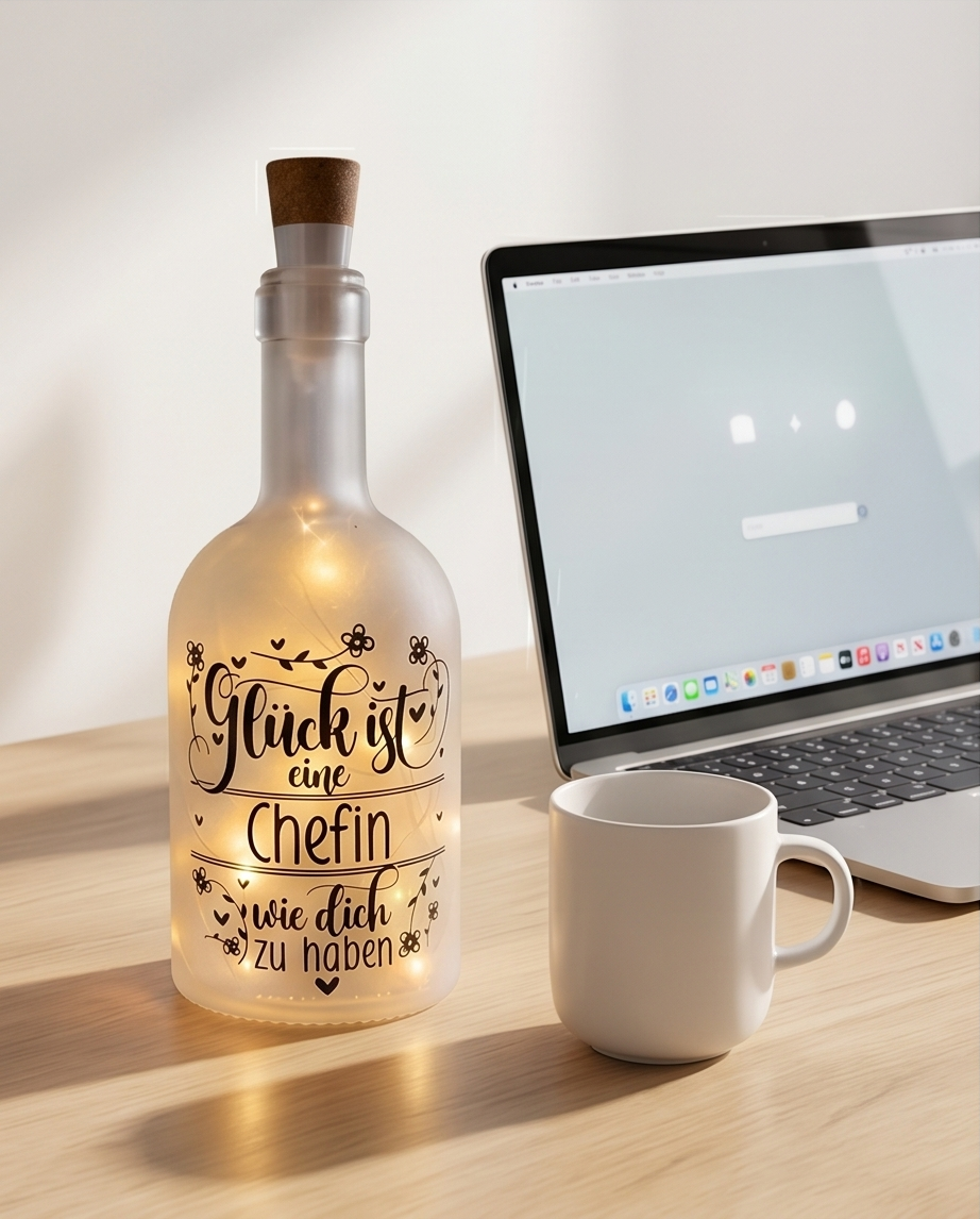 LED Flaschenlicht Glück ist eine Chefin wie dich zu haben im Büro neben Laptop