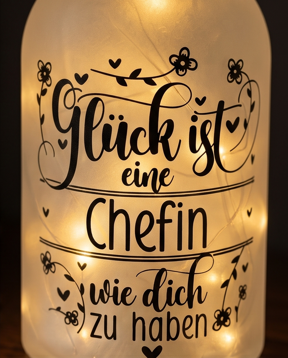 Nahaufnahme LED Flaschenlicht mit Schriftzug Glück ist eine Chefin wie dich zu haben leuchtend