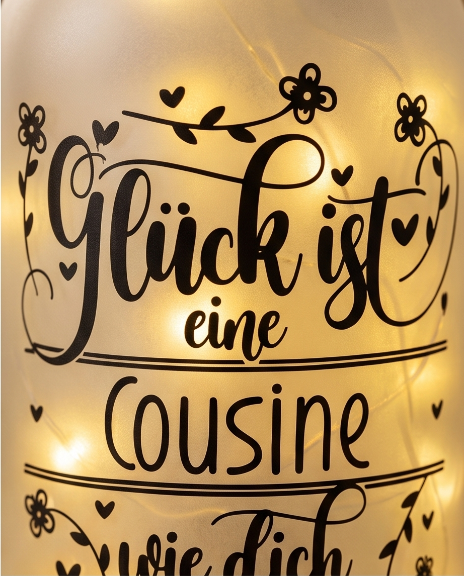 Nahaufnahme LED Flaschenlicht mit Schriftzug Glück ist eine Cousine wie dich zu haben leuchtend