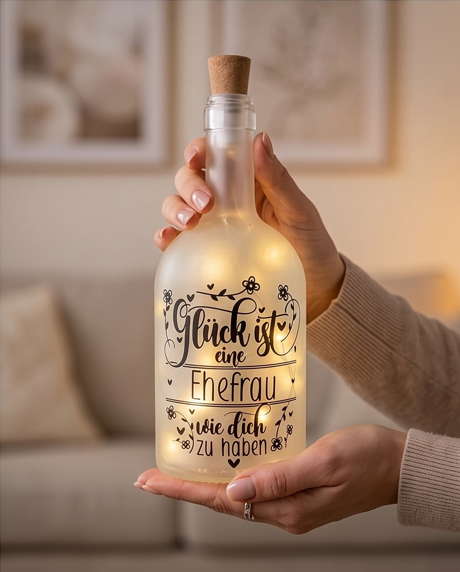 Hand hält LED Flaschenlicht Glück ist eine Ehefrau wie dich zu haben