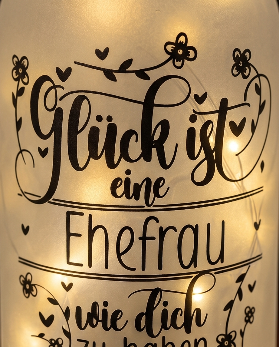 Nahaufnahme LED Flaschenlicht mit Schriftzug Glück ist eine Ehefrau wie dich zu haben