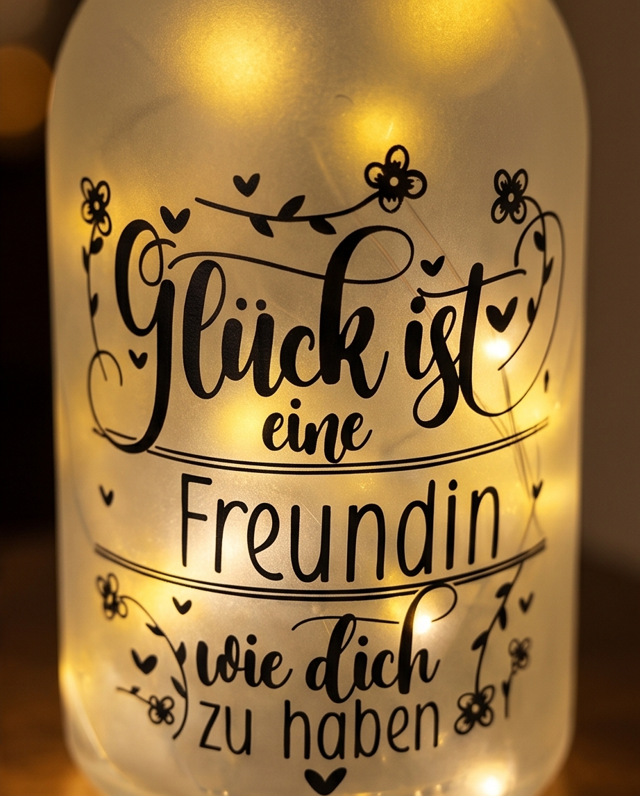 Nahaufnahme LED Flaschenlicht mit Schriftzug Glück ist eine Freundin wie dich zu haben