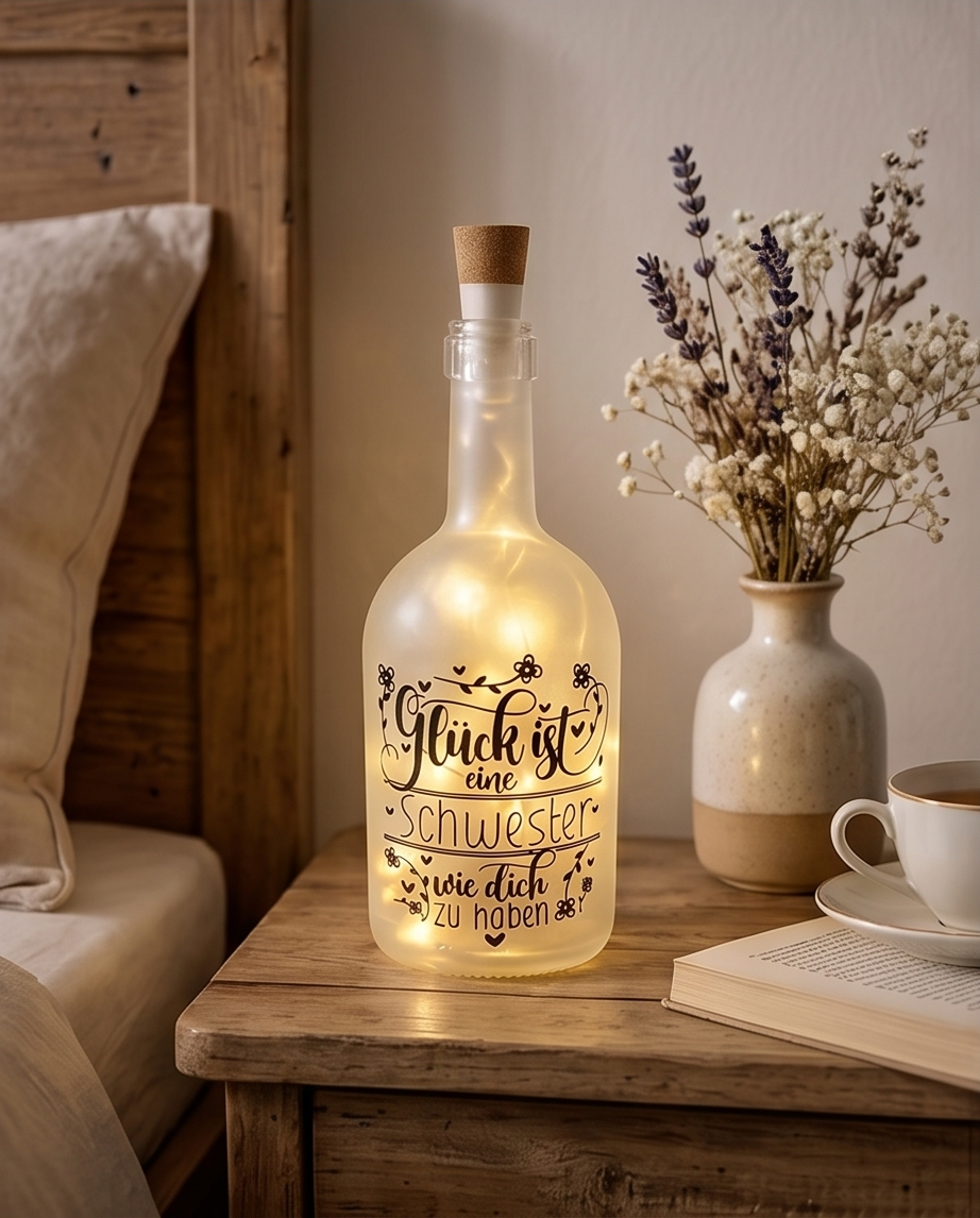 LED Flaschenlicht Glück ist eine Schwester wie dich zu haben auf Nachttisch neben Vase mit Trockenblumen dekoriert