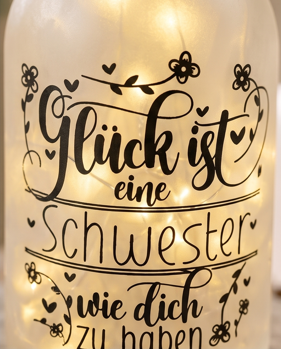 Nahaufnahme LED Flaschenlicht mit Schriftzug Glück ist eine Schwester wie dich zu haben