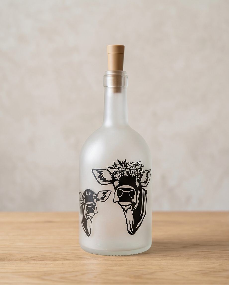 LED-Flasche mit schwarzem Kuh Motiv mit Blumenkranz auf einem hellen Holztisch
