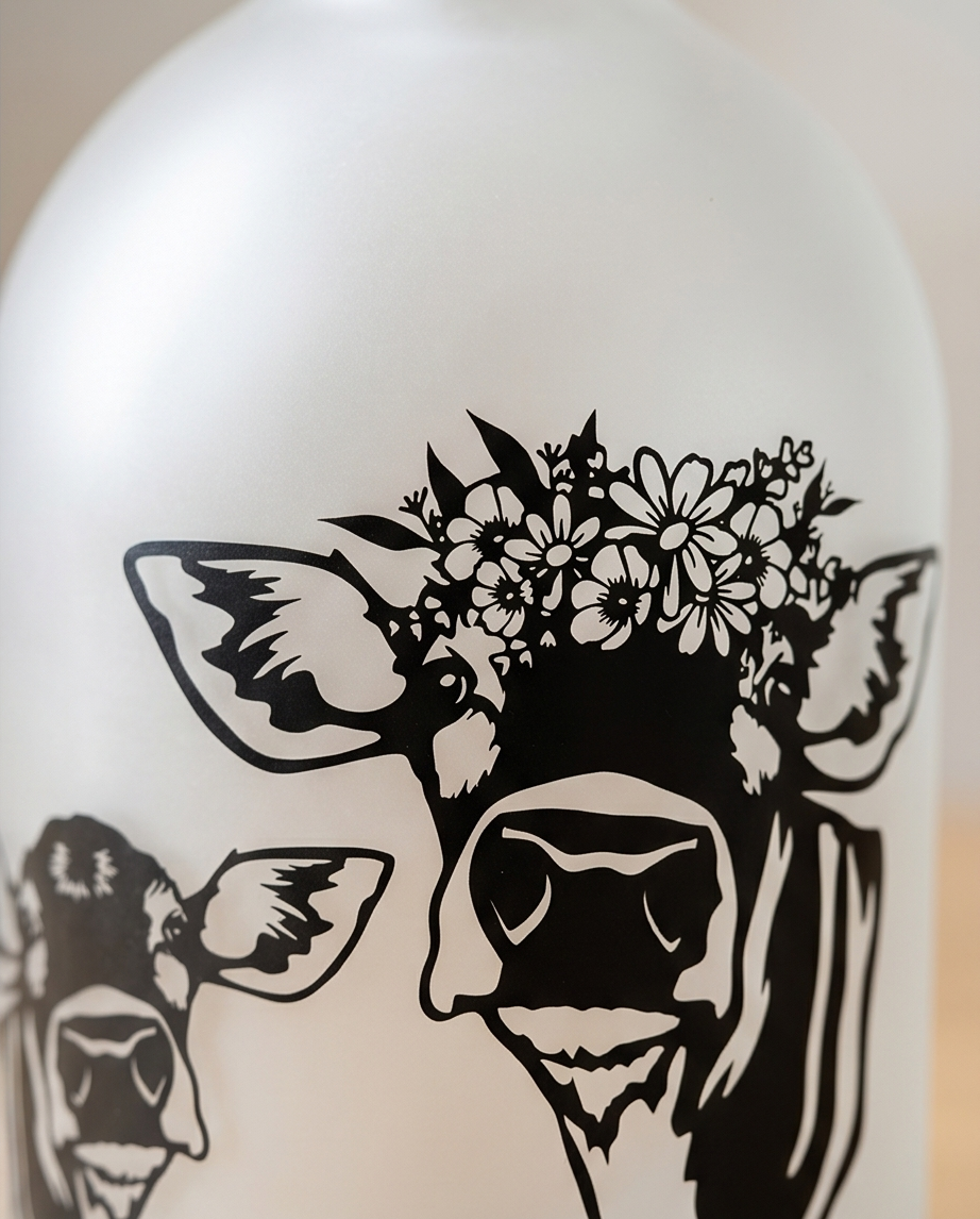 Nahaufnahme des schwarzen Kuh Motivs mit Blumenkranz auf der weissen Flasche