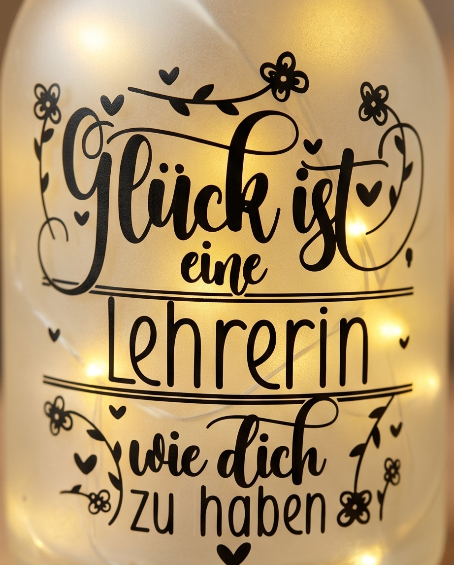 Detailansicht LED Dekoflasche Glück ist eine Lehrerin wie dich zu haben mit schwarzem Schriftzug und Blumen Ranke leuchtend