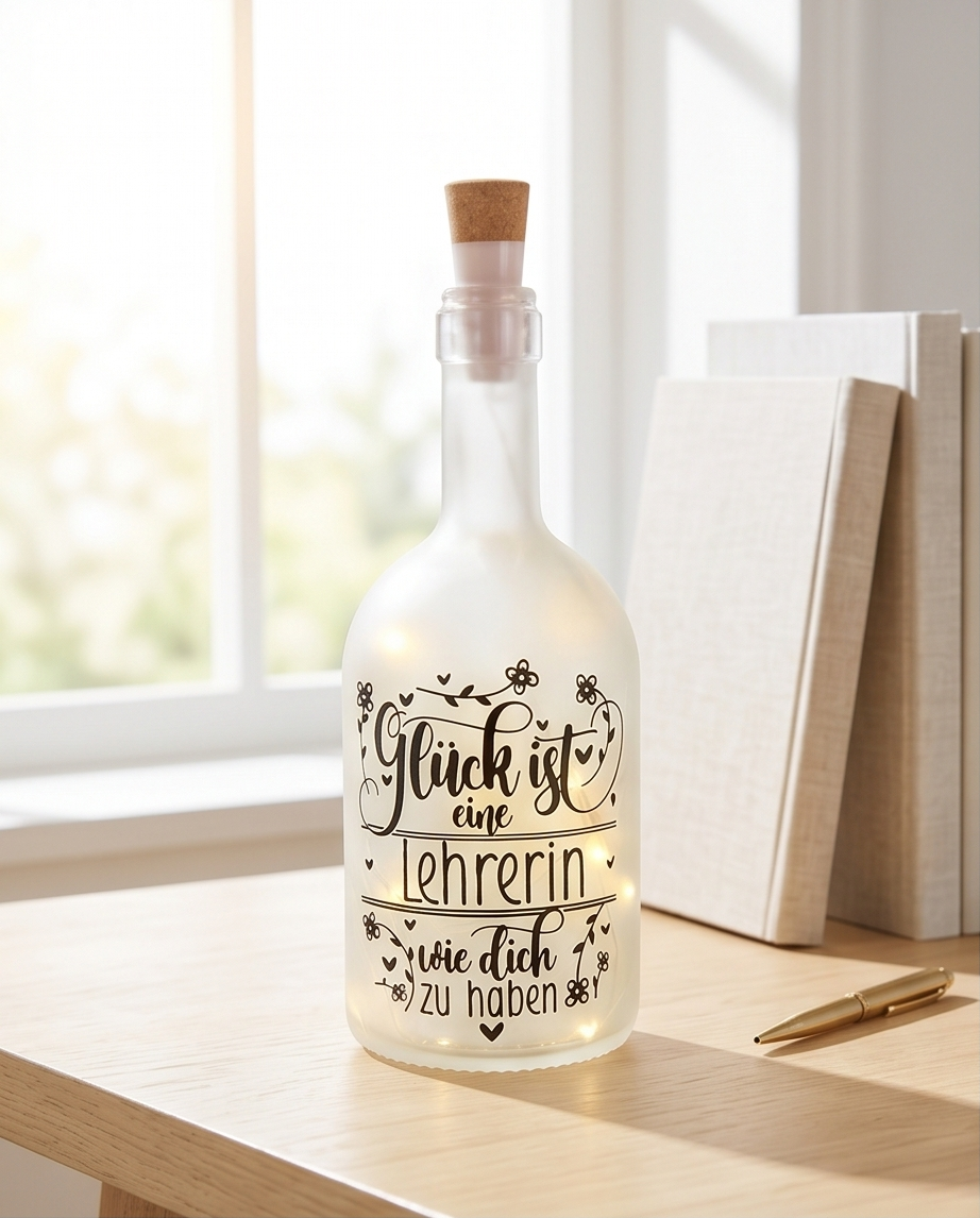 LED Flaschenlicht Lehrerin Geschenk bei Tageslicht auf Holztisch am Fenster neben Buch und Stift