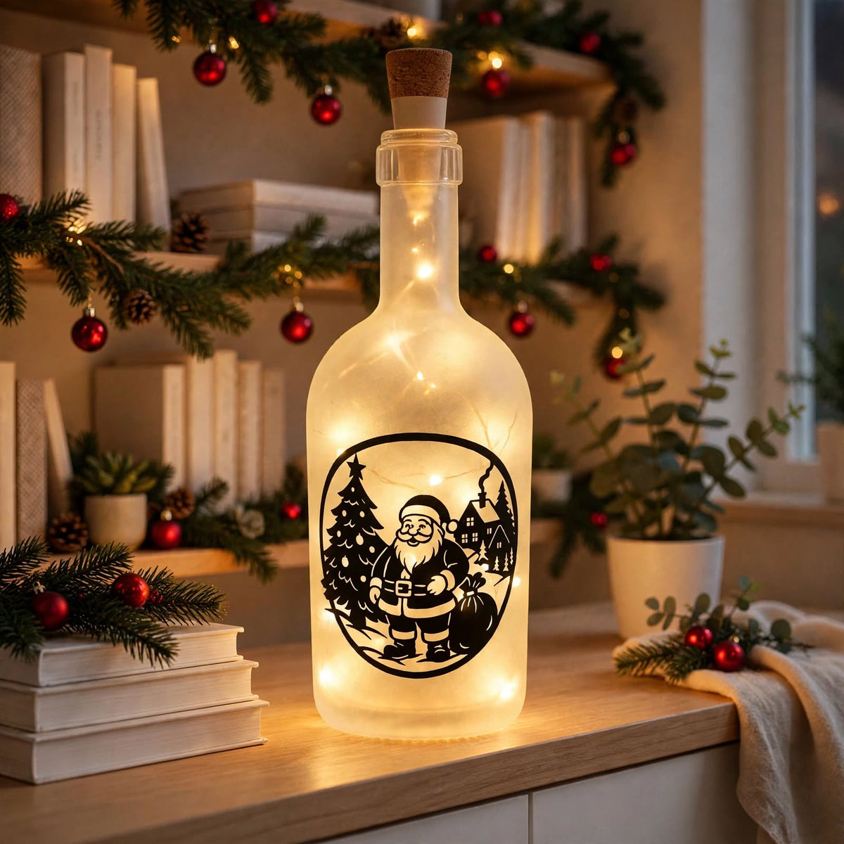 LED Flaschenlicht Weihnachten mit Weihnachtsmann - Deko auf Holzregal mit Büchern, Tannenzweigen und roten Kugeln - warmweiss leuchtend