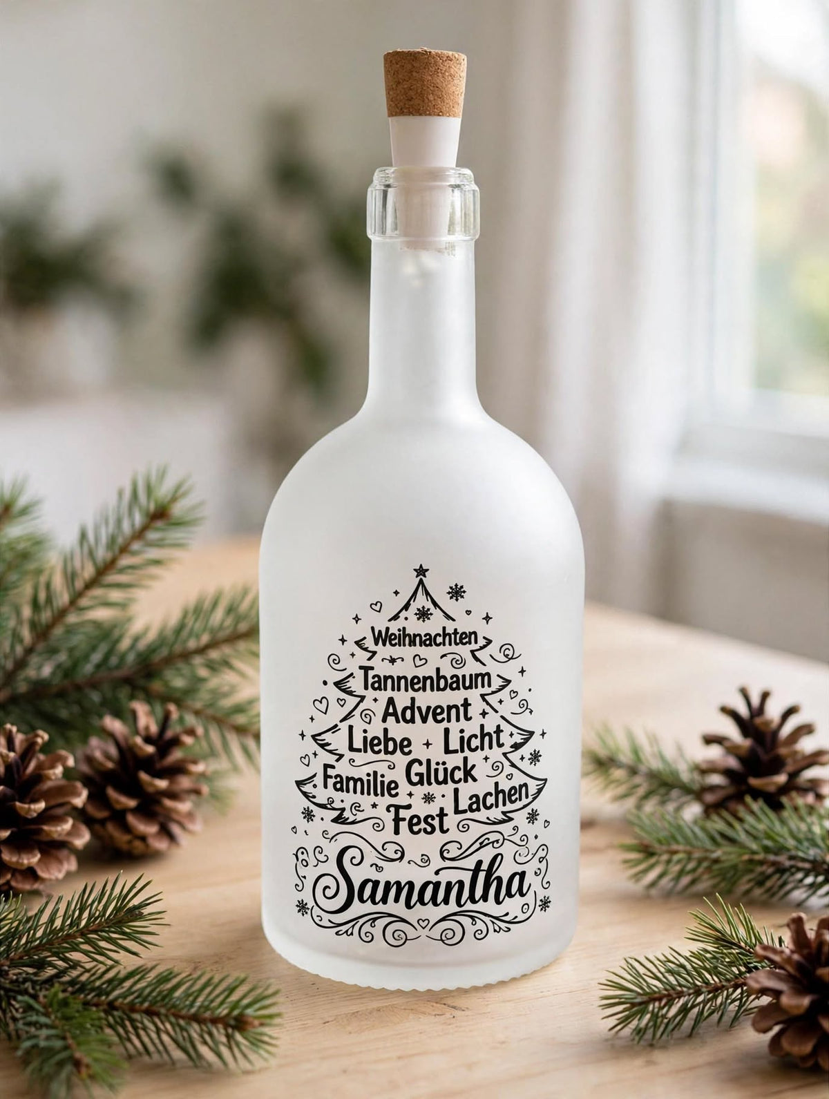 LED Flaschenlicht Weihnachtsbaum personalisiert mit 1 Namen Samantha - Familien Geschenk aus Haemikon