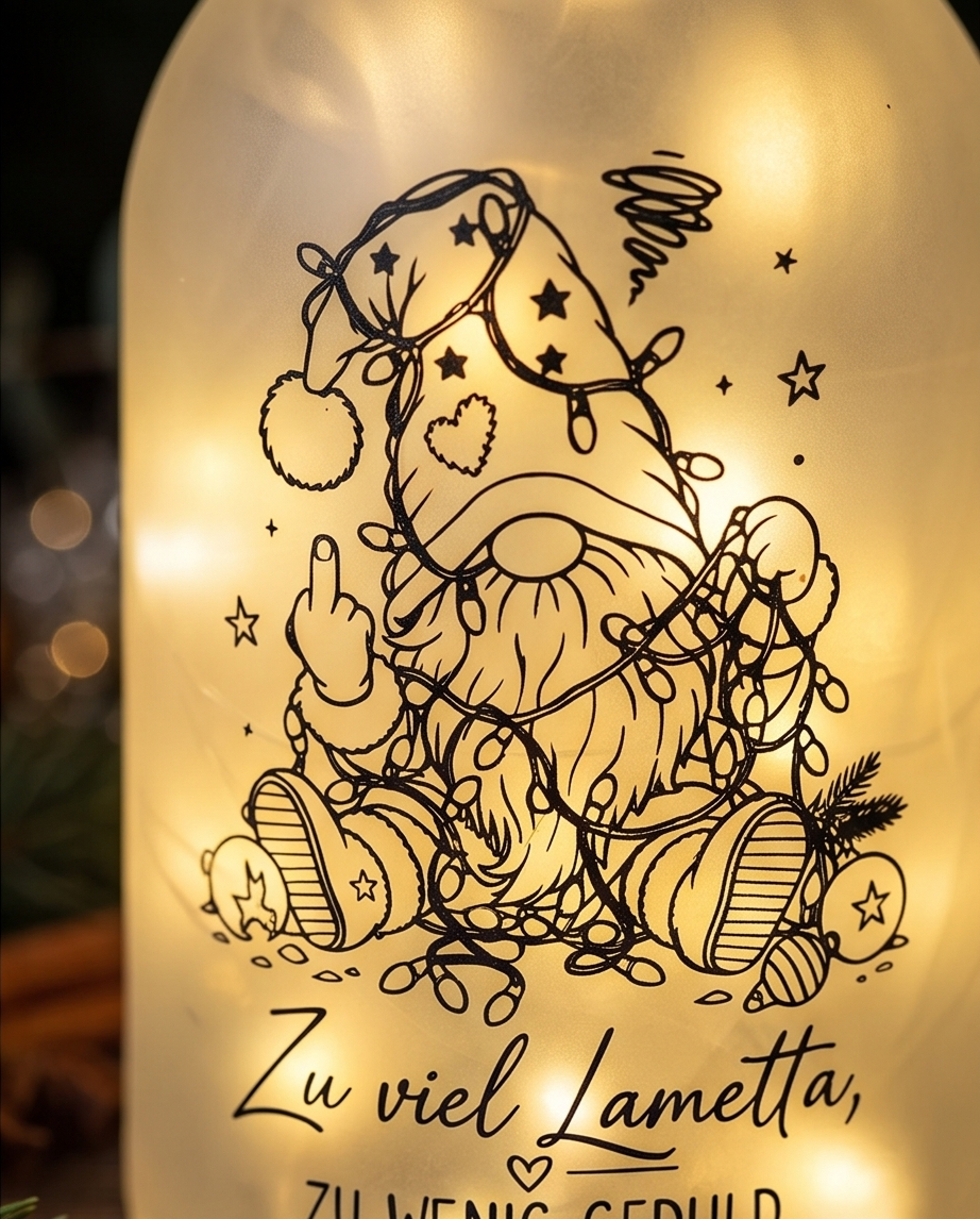 Detail Wichtel Flaschenlicht Zu viel Lametta Vinylfolie schwarz beleuchtet