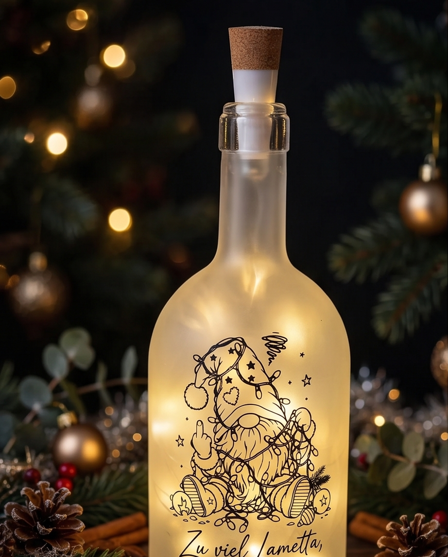 LED Flaschenlicht Wichtel Zu viel Lametta Weihnachtsdeko handgemacht Hämikon