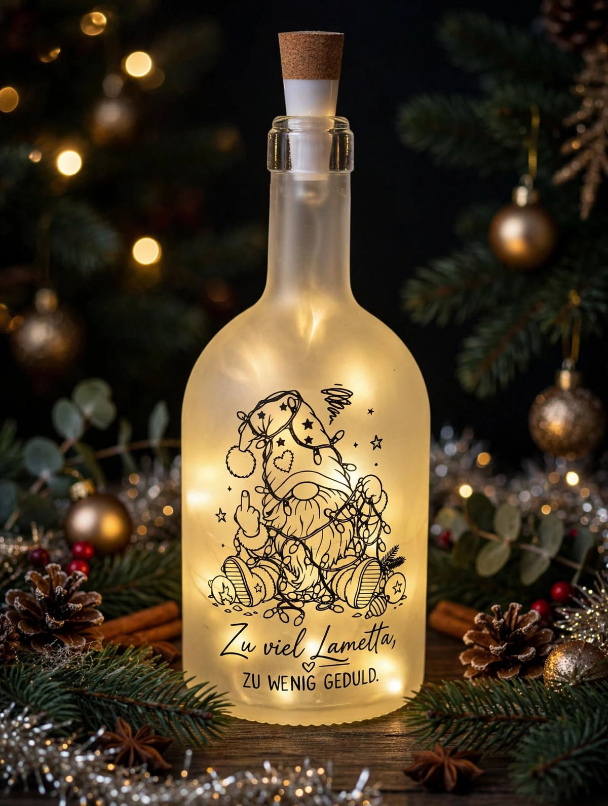 Handgemachte beleuchtete Glasflasche Deko mit Weihnachtswichtel und Spruch Zu viel Lametta zu wenig Geduld, umgeben von Tannenzweigen und Weihnachtskugeln - Atelier Claudia Weibel Leuchtflaschen
