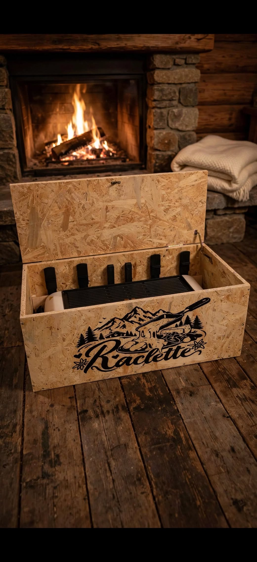 Raclette Ofen Kiste nach Mass Video handgemacht OSB Holz geschlossen mit Raclette Logo im Chalet, handgemacht in Haemikon