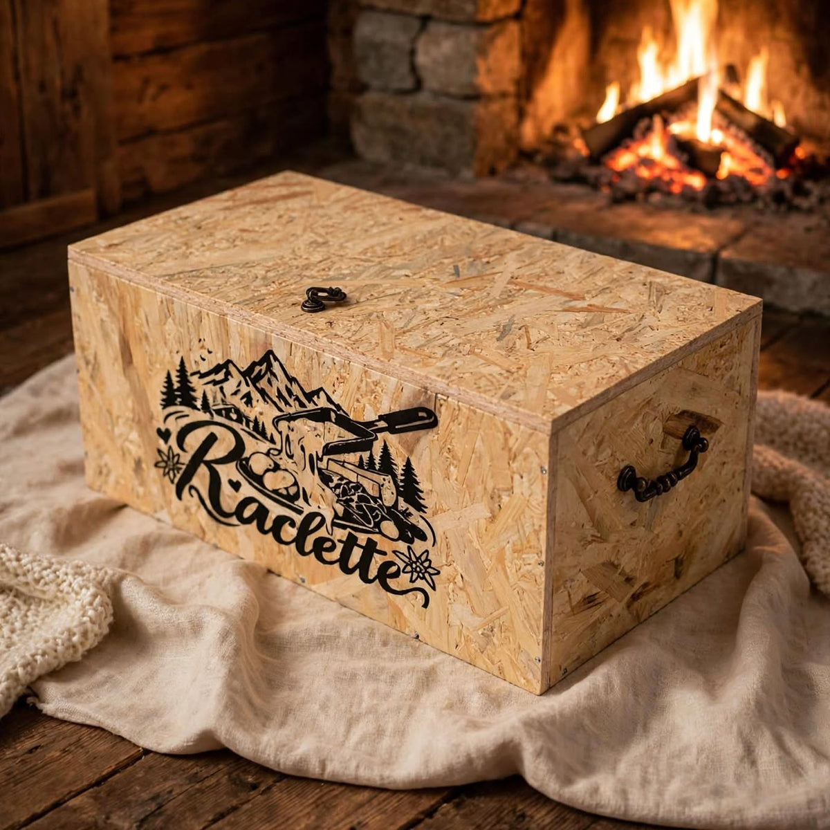 Raclette Ofen Kiste nach Mass handgemacht OSB Holz geschlossen seitlich mit Vintage Griffen und Raclette Logo Berge Tannen Pfännchen auf Wolldecke im Chalet mit Kaminfeuer, handgemacht in Hämikon bei Hitzkirch
