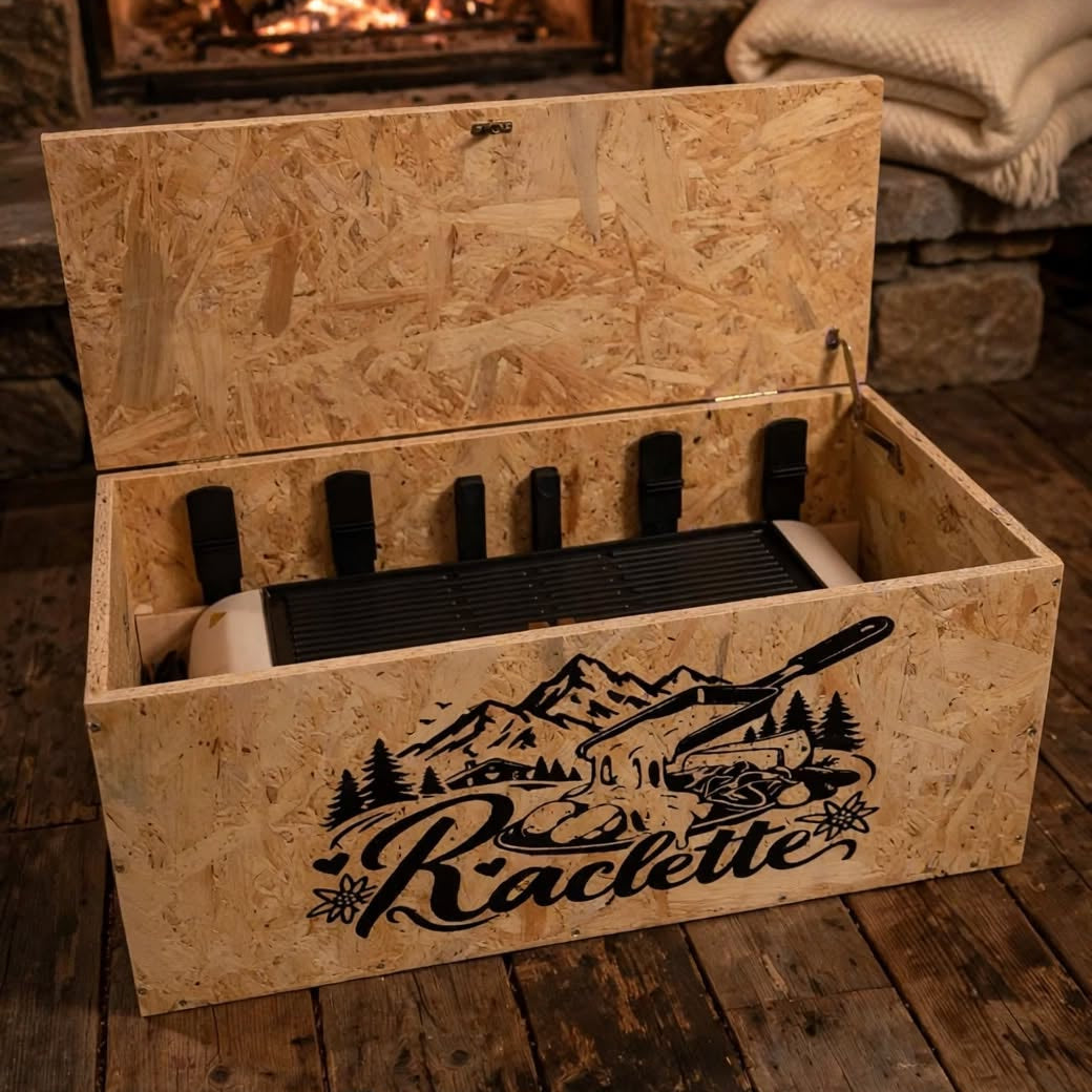 Raclette Ofen Kiste nach Mass offen mit Raclette Logo Berge Tannen vor Kaminfeuer mit Wolldecke, handgemacht OSB Holz mit Pfännchen Fach, handgemacht in Hämikon bei Hitzkirch