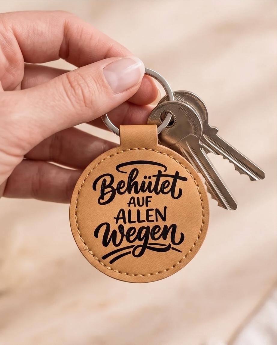 Schlüsselanhänger Behütet auf allen Wegen cognac - runder Kunstleder Anhänger mit schwarzem Spruch - Geschenk Schutzengel Glücksbringer für Autofahrer