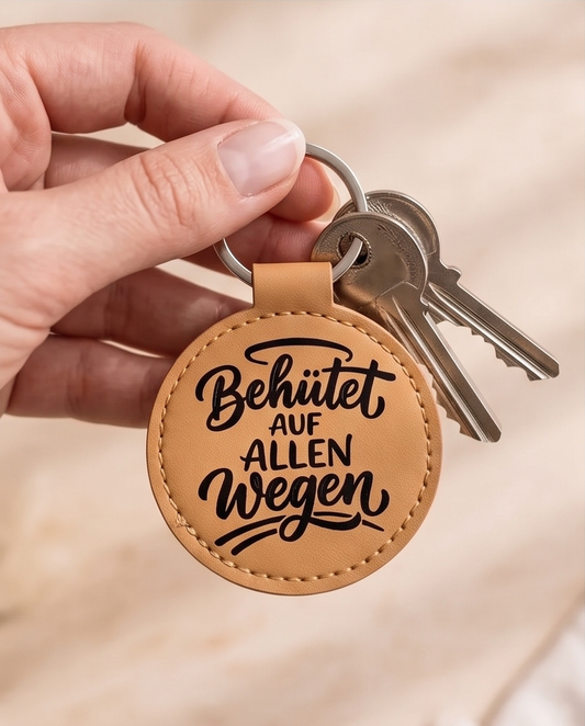 Schlüsselanhänger Behütet auf allen Wegen cognac - runder Kunstleder Anhänger mit schwarzem Spruch - Geschenk Schutzengel Glücksbringer für Autofahrer