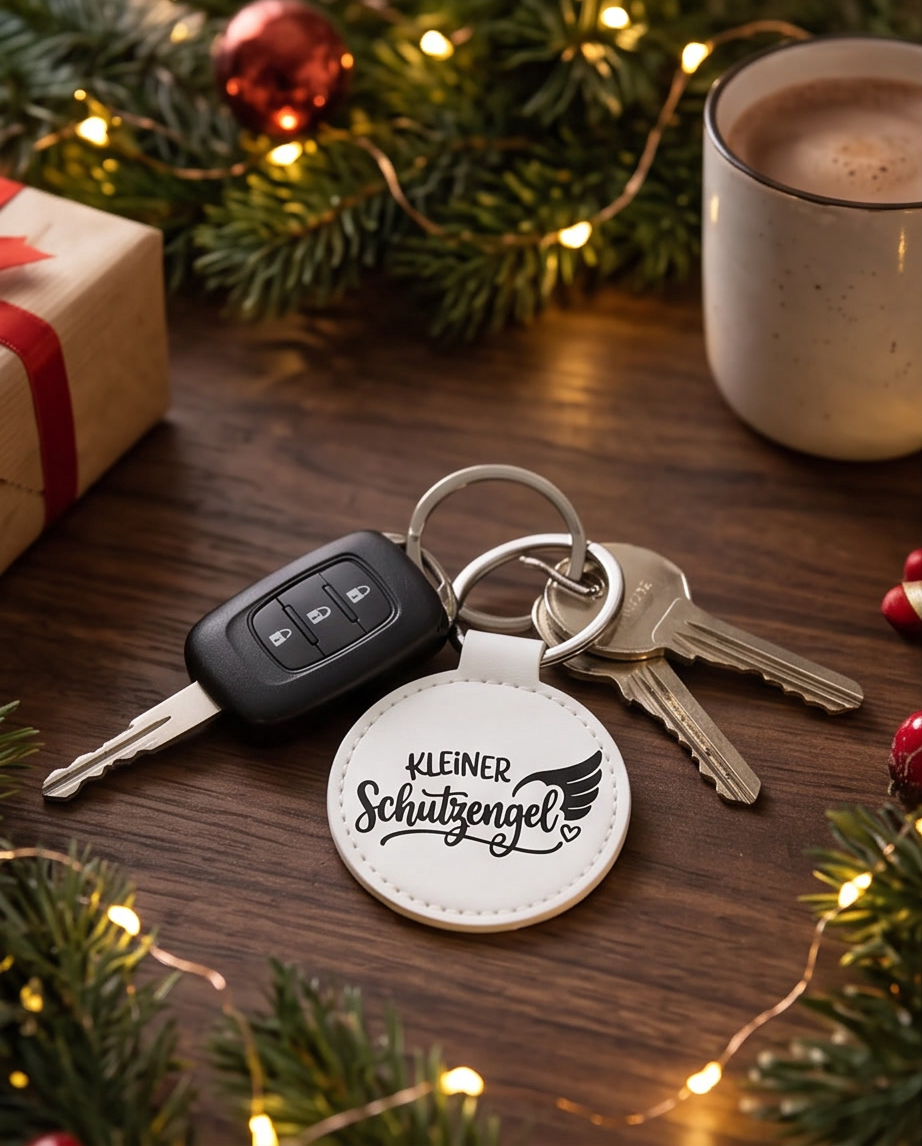 Schlüsselanhänger Kleiner Schutzengel weiss mit Autoschlüssel auf Holztisch - Geschenk für Fahranfänger
