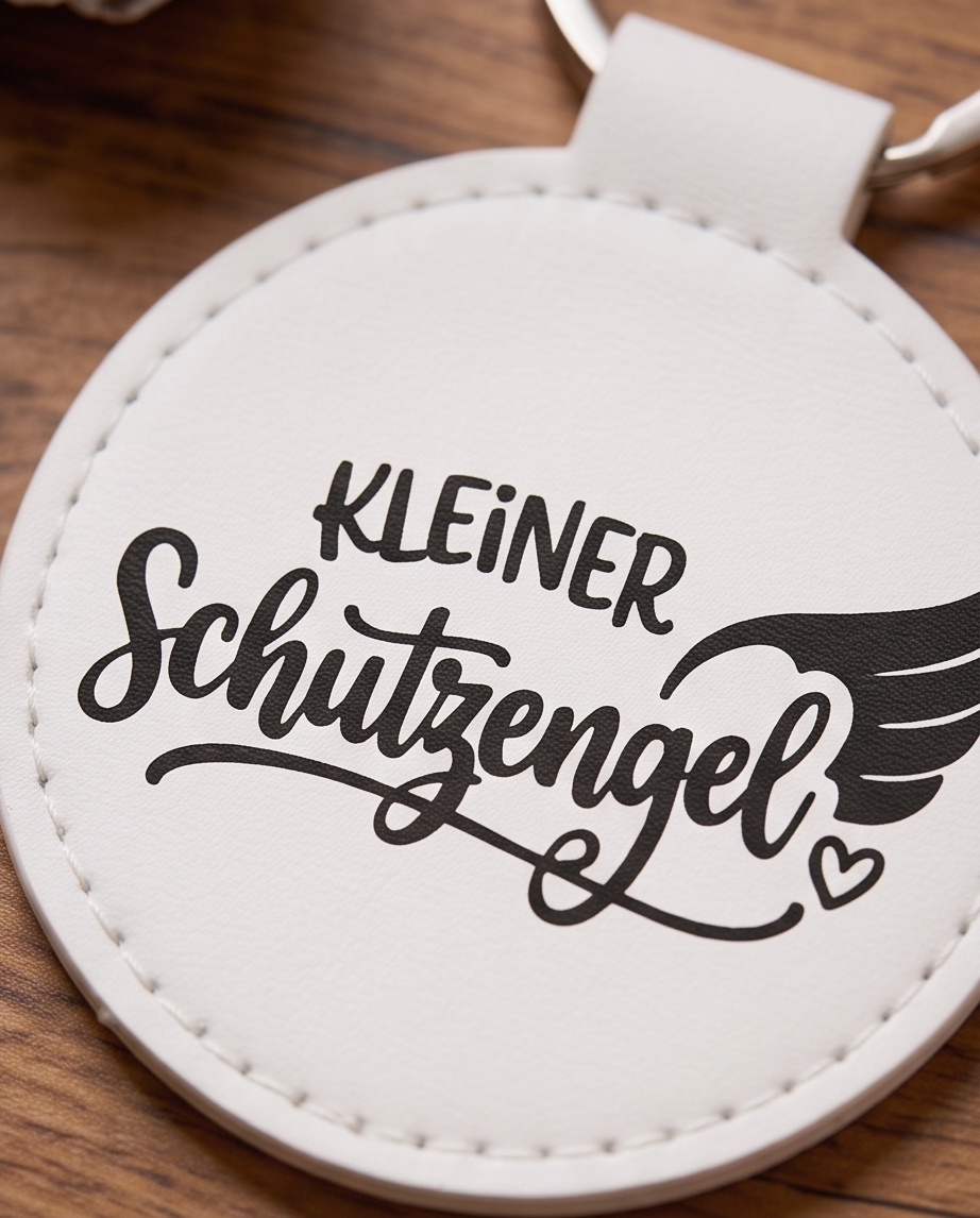Detailansicht Schlüsselanhänger Kleiner Schutzengel weiss mit Flügel - runder Kunstleder Anhänger
