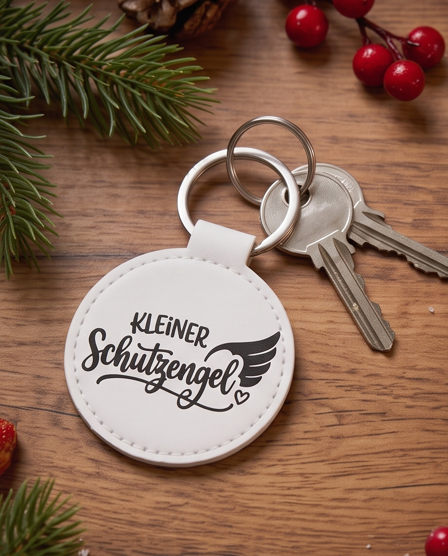 Schlüsselanhänger Kleiner Schutzengel weiss mit Schlüssel auf Holz - Schutzengel Glücksbringer
