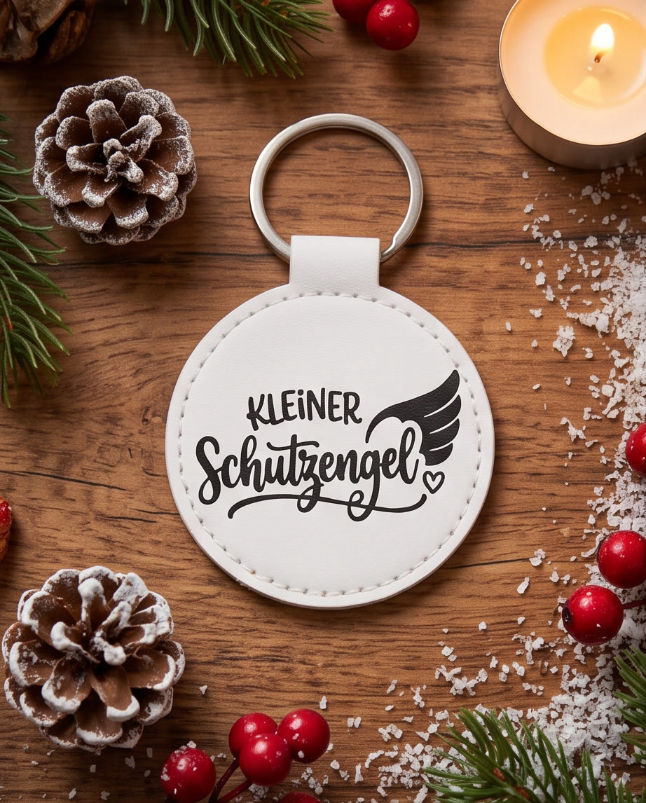 Schlüsselanhänger Kleiner Schutzengel weiss auf Holztisch mit Tannenzapfen - Weihnachtsgeschenk Glücksbringer
