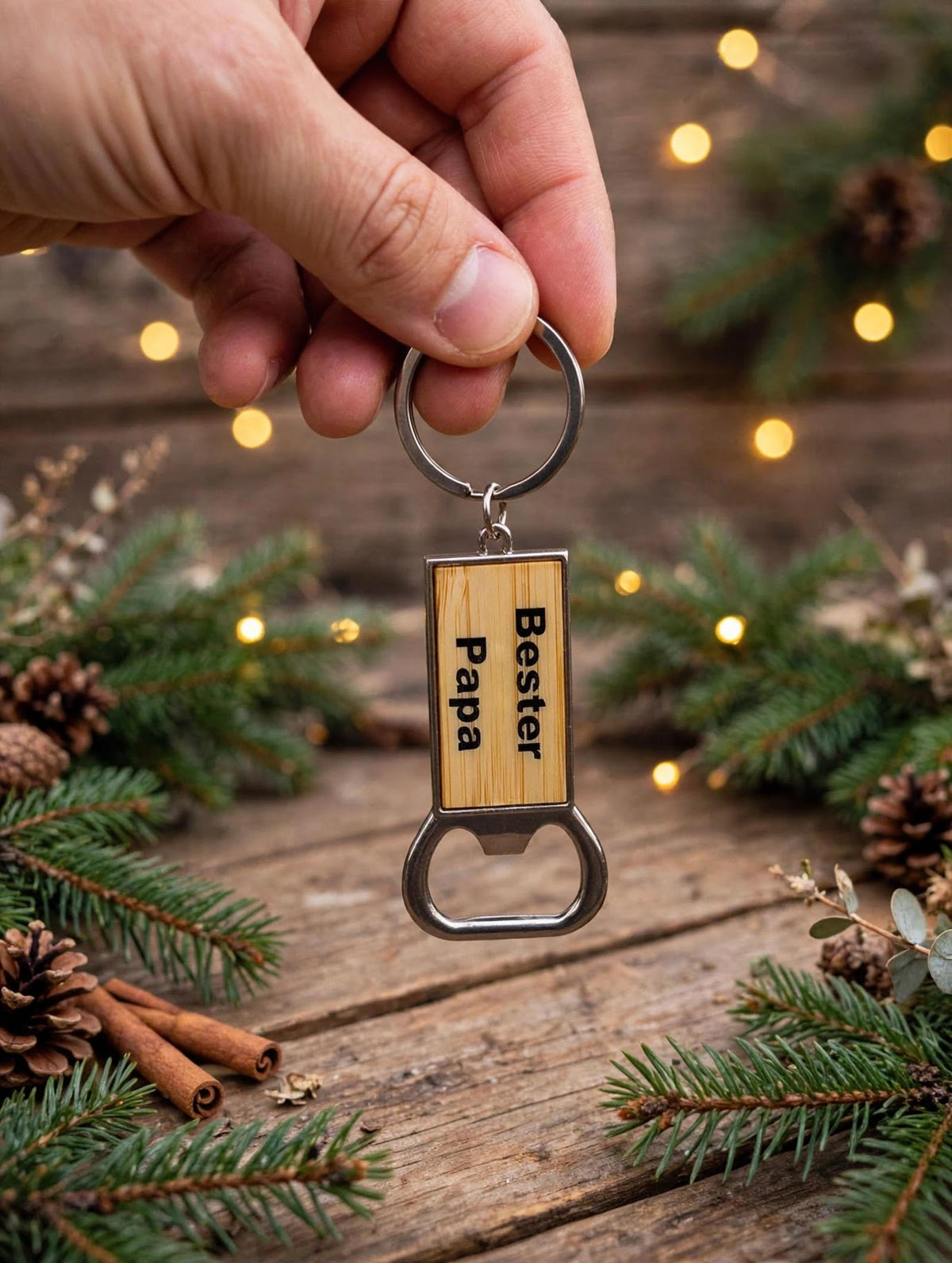 Schlüsselanhänger Flaschenöffner Bester Papa aus Bambus mit Vinyl und Epoxie versiegelt hängend am Tannenbaum - Weihnachtsgeschenk Papa