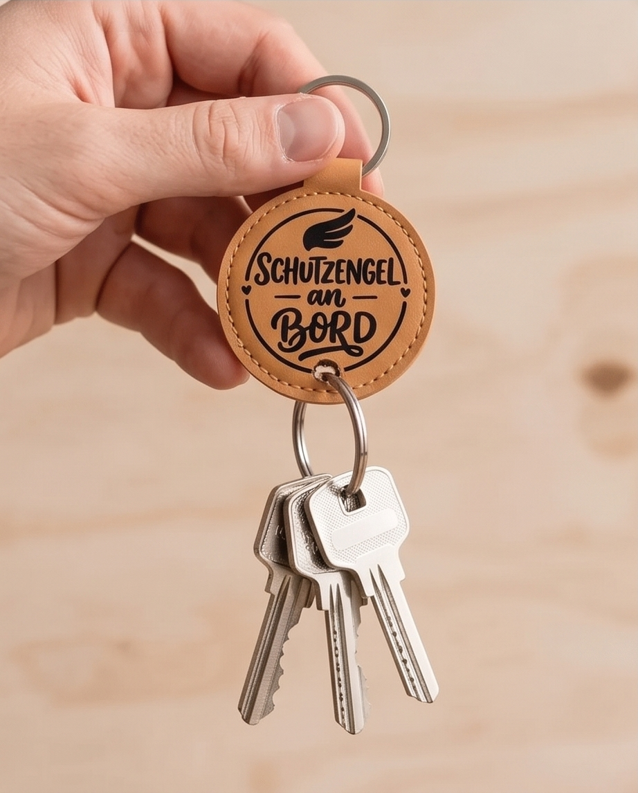  Schlüsselanhänger Schutzengel an Bord cognac in Hand mit Schlüssel - runder Kunstleder Anhänger - Geschenk für Autofahrer Glücksbringer