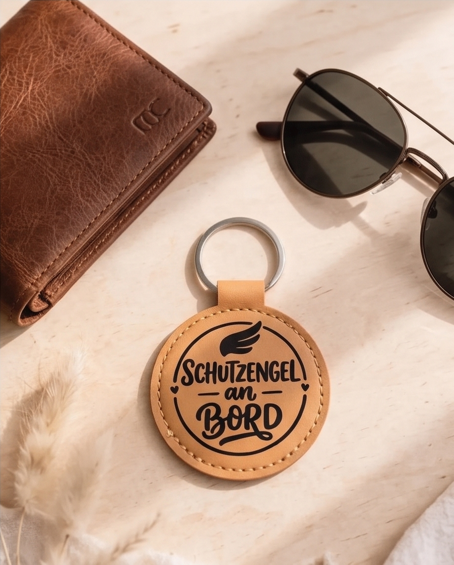  Schlüsselanhänger Schutzengel an Bord cognac mit Portemonnaie und Sonnenbrille - Geschenkidee für Fahranfänger
