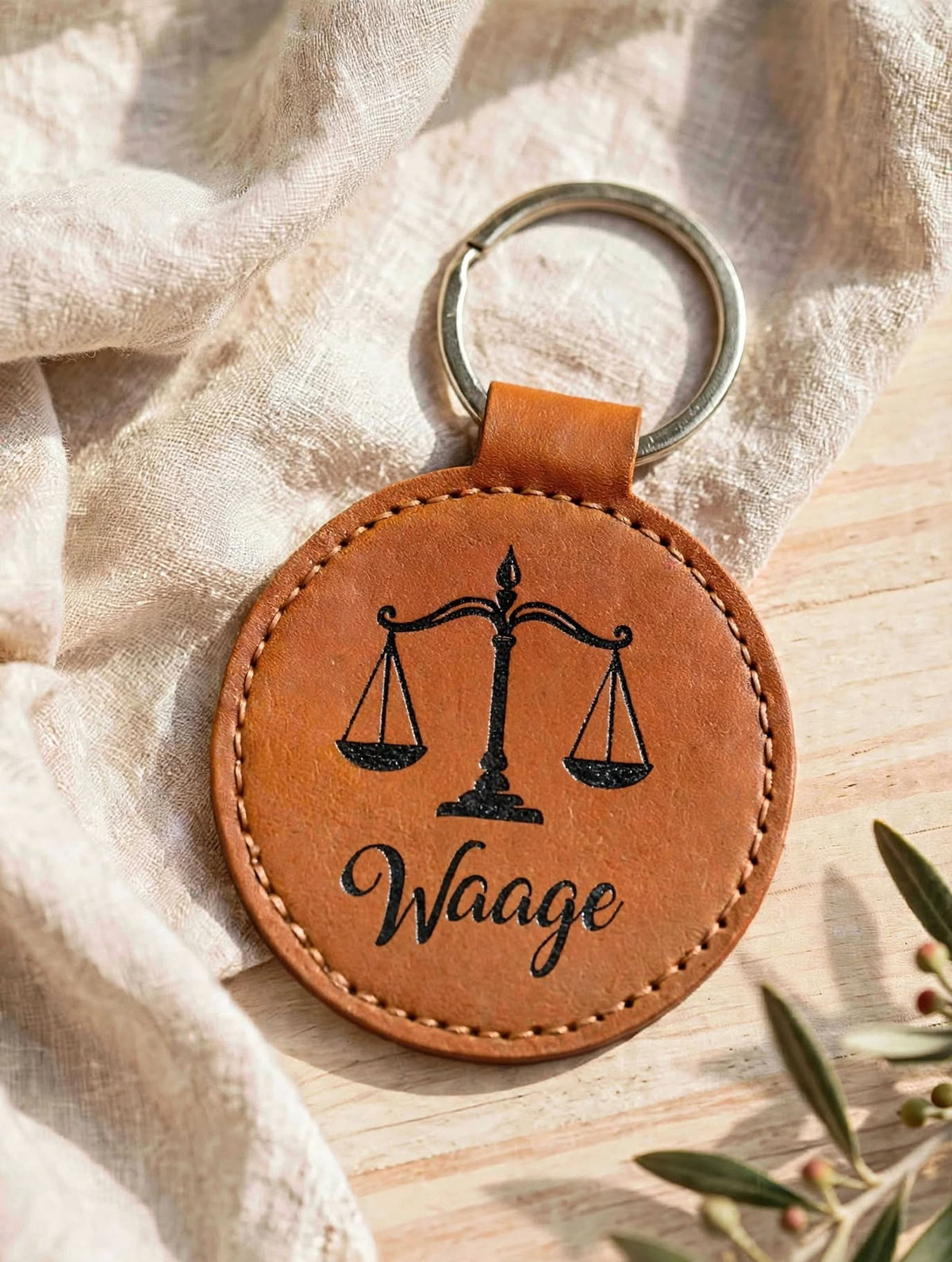 Schlüsselanhänger Sternzeichen Waage cognac mit schwarzer Folie auf Leinen mit Olivenzweig handgemacht
