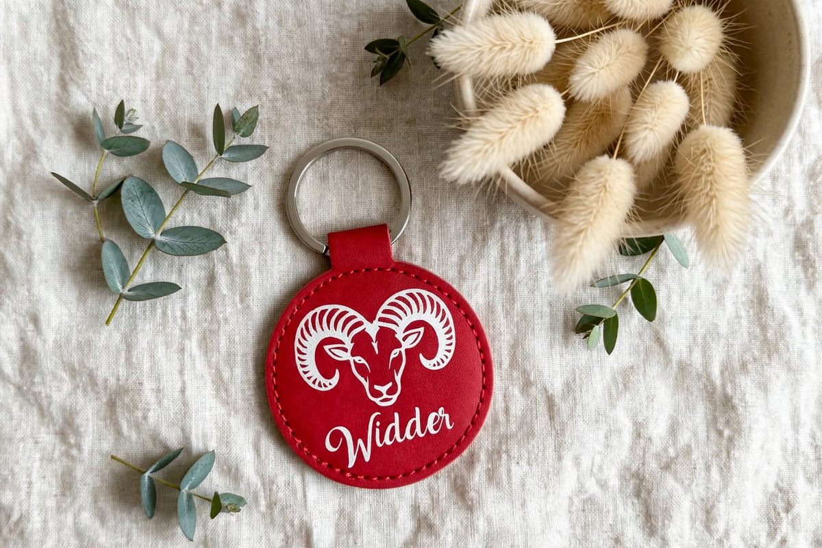 Schlüsselanhänger Sternzeichen Widder rot Kunstleder mit weißer Flexfolie Widderkopf Schriftzug Widder Geschenk Sternzeichen Deko Eukalyptus Trockenblumen