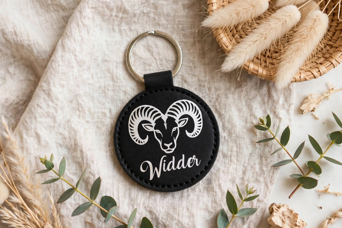 Schlüsselanhänger Sternzeichen Widder schwarz Kunstleder mit weißer Flexfolie Widderkopf Schriftzug Widder Geschenk Boho Deko Eukalyptus Hasenschwanzgras