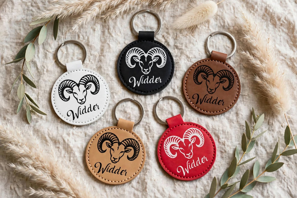 Schlüsselanhänger Sternzeichen Widder Set 5 Farben weiß schwarz cognac dunkelbraun rot Kunstleder mit Flexfolie Widderkopf Widder Schriftzug Geschenkset Boho