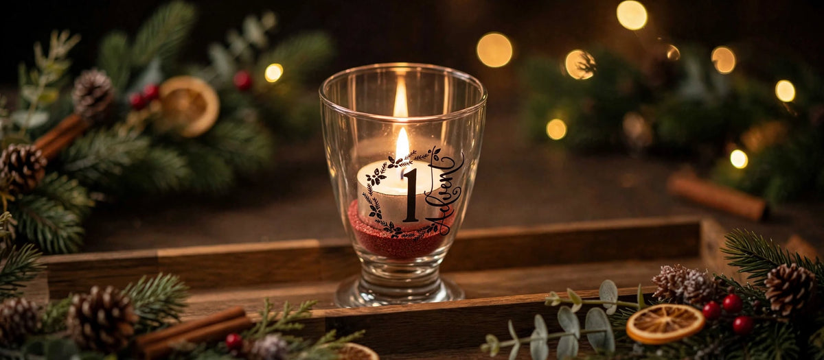 Teelichtglas Advent 1 mit Vinyl-Beschriftung und rotem Deco Eurosand auf Holztablett Räuchereiche