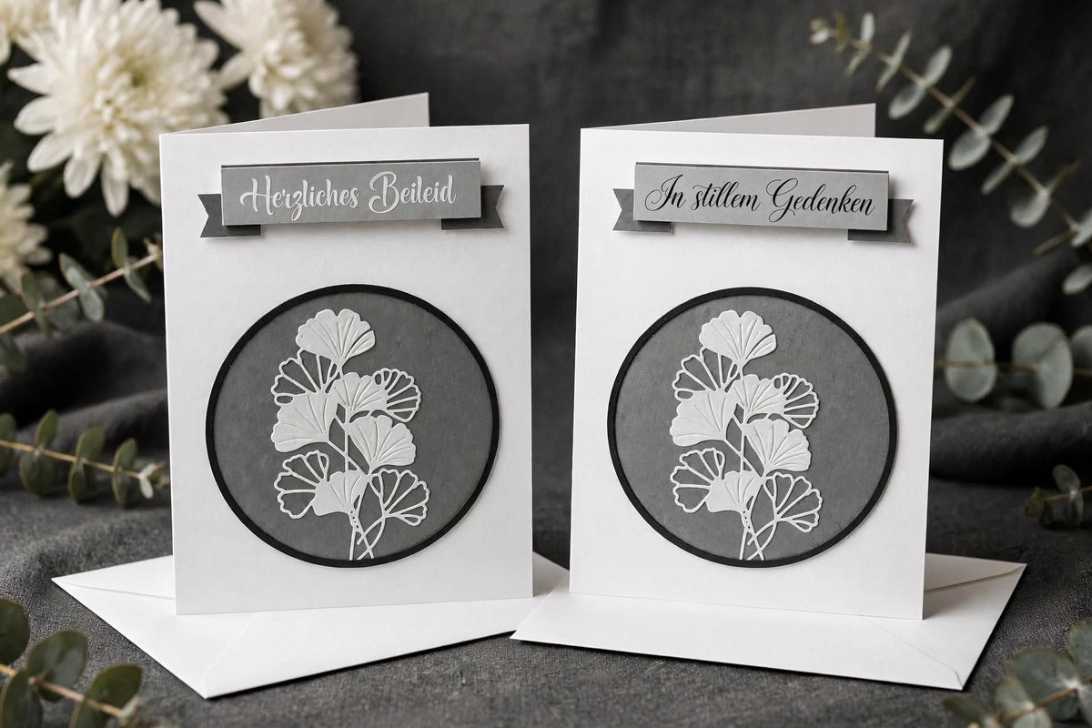 Zwei Trauerkarten Ginkgo Herzliches Beileid und In stillen Gedenken nebeneinander - Beileidskarten Set