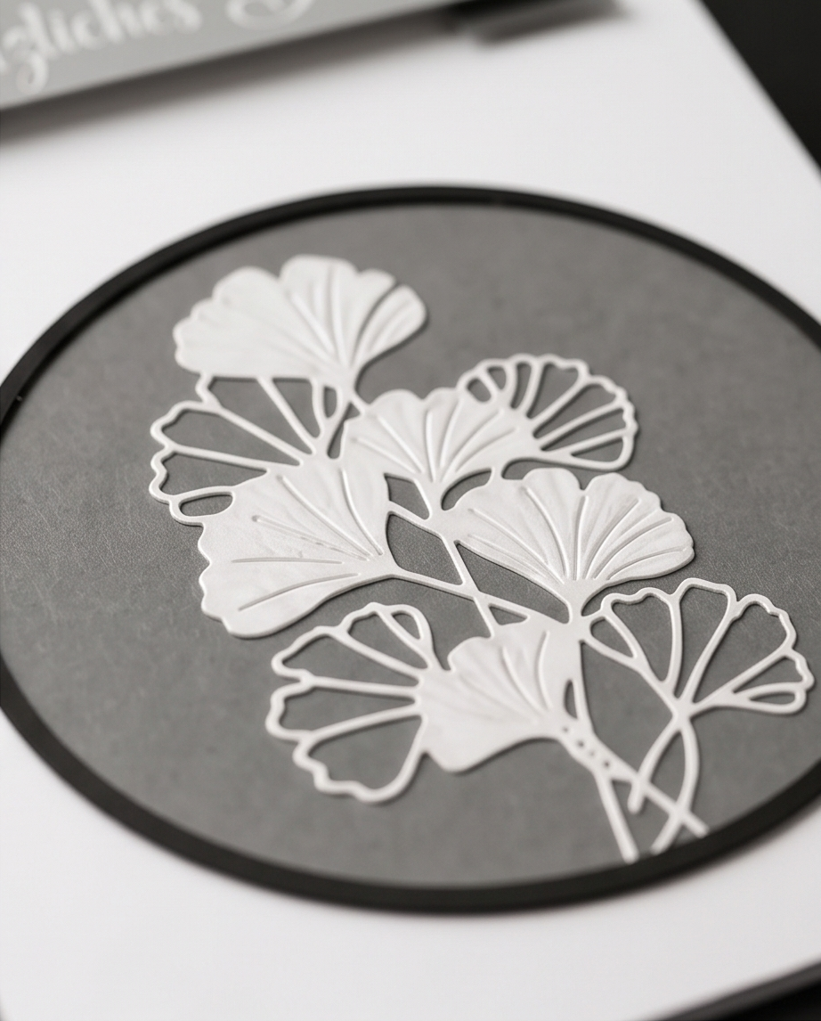 Detailansicht Trauerkarte Ginkgo weisse Lasercut Ginkgoblätter auf grau - filigrane Trauerkarte