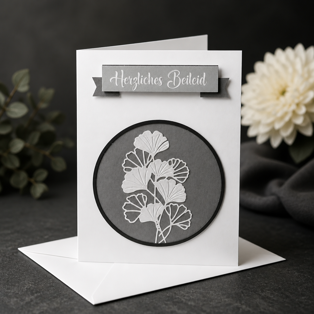 Trauerkarte Ginkgo Herzliches Beileid stehend auf dunklem Tisch mit weisser Blume - Beileidskarte mit Ginkgoblättern