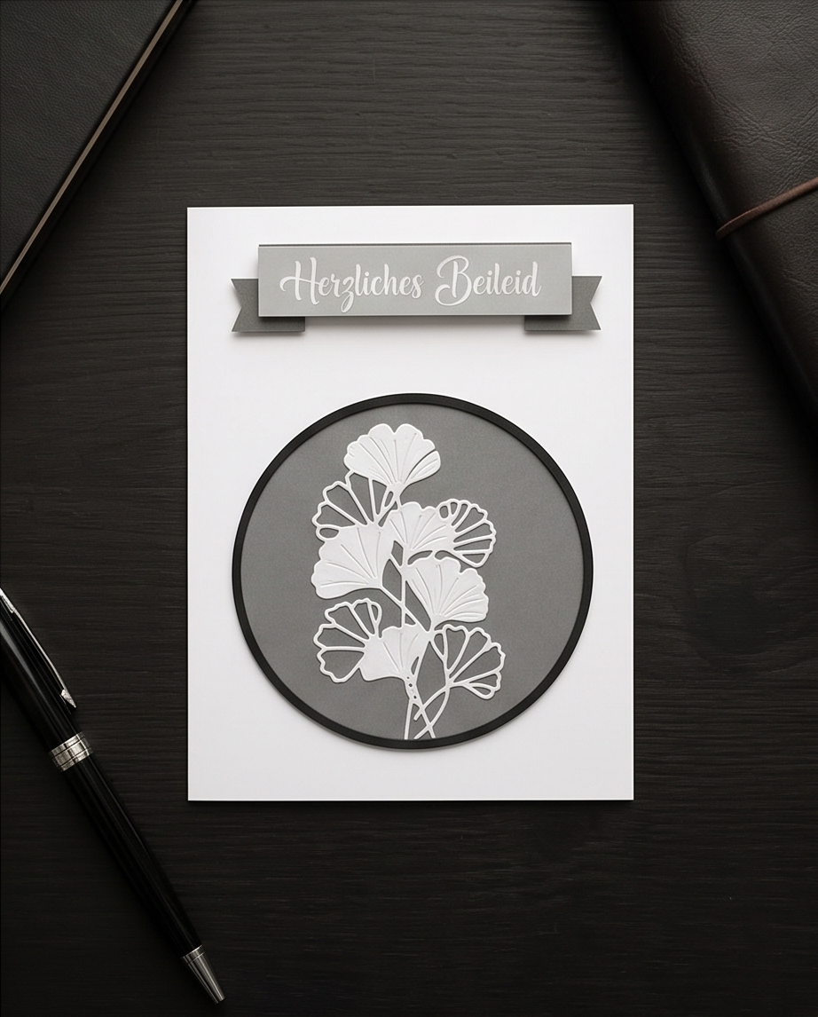 Trauerkarte Ginkgo Herzliches Beileid von oben auf dunklem Holztisch mit Stift - Karte zum Kondolieren