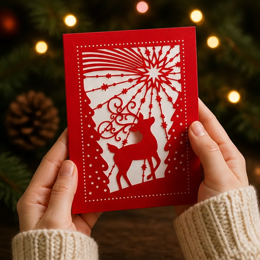 Rote Weihnachtskarte Rentier mit Sternenhimmel in Händen gehalten vor Tannenzweigen