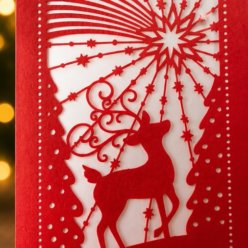 Nahaufnahme rote Weihnachtskarte filigranes Rentier mit Sternenhimmel in Rot Weiss