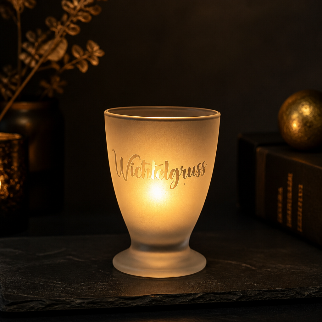 Windlicht Wichtelgruss 11cm aus milchig satiniertem Glas mit LED Teelicht in Abendstimmung - gemütliches Licht für Adventszeit